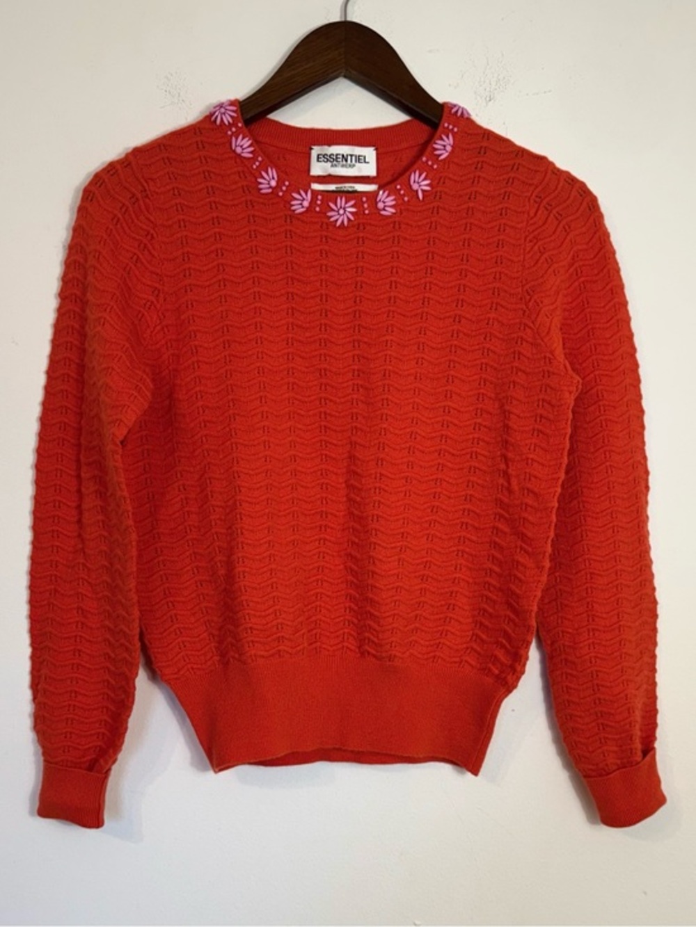 Essentiel Antwerp Red Knit Sweater Embellished Neck Wool Blend Small Gustavia